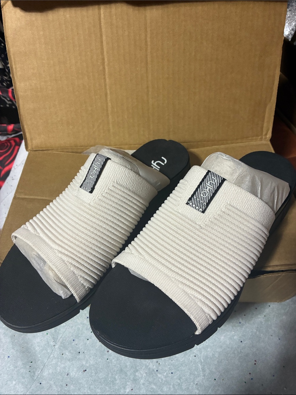 Ryka Beige Ribbed Slide Sandals with Black Footbed
